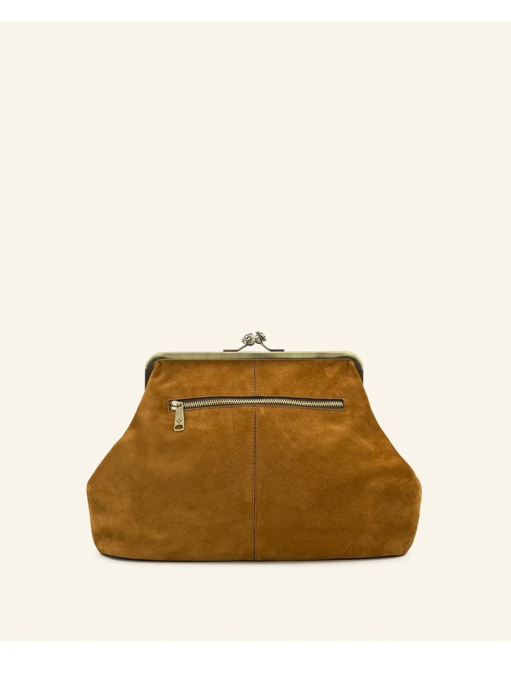Cognac Suede Frame-Top Shoulder Bag in Cognac With Detachable Crossbody Strap